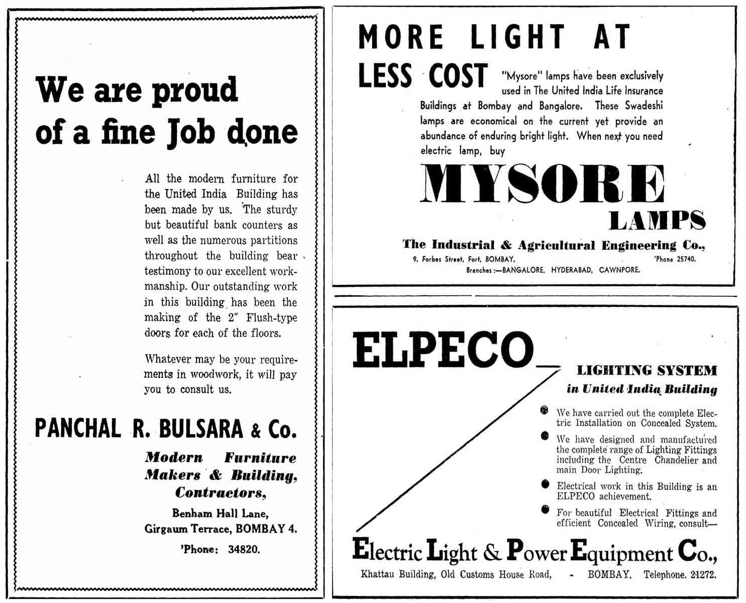 Advertisements for local suppliers of furniture and lighting used in the United India building. Source: Times of India. March 27, 1939