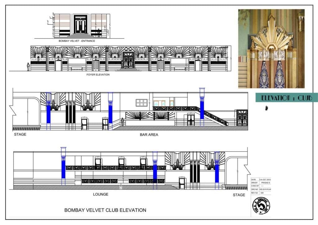 An elevation chart of the Bombay Velvet Club. Structural details such as elevations are important aspects of Production Design. Photo Credits: Sonal Sawant