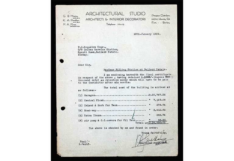 Original payment certificate issued by Architectural Studio, detailing a total construction cost of INR 34,000; Source: Karfule Archives