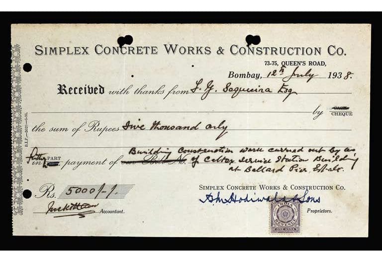 Original receipt from Simplex Concrete Works & Construction, detailing a fee of INR 5000; Source: Karfule Archives